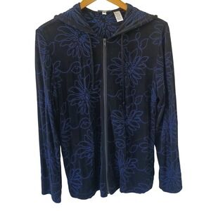 Chico's Travelers Womens Size 1 Black Blue Floral Embroidered Zip  Hoodie Jacket